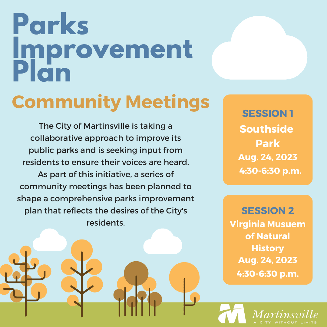flyer for parks improvement community meeting with an outdoor drawing in the background